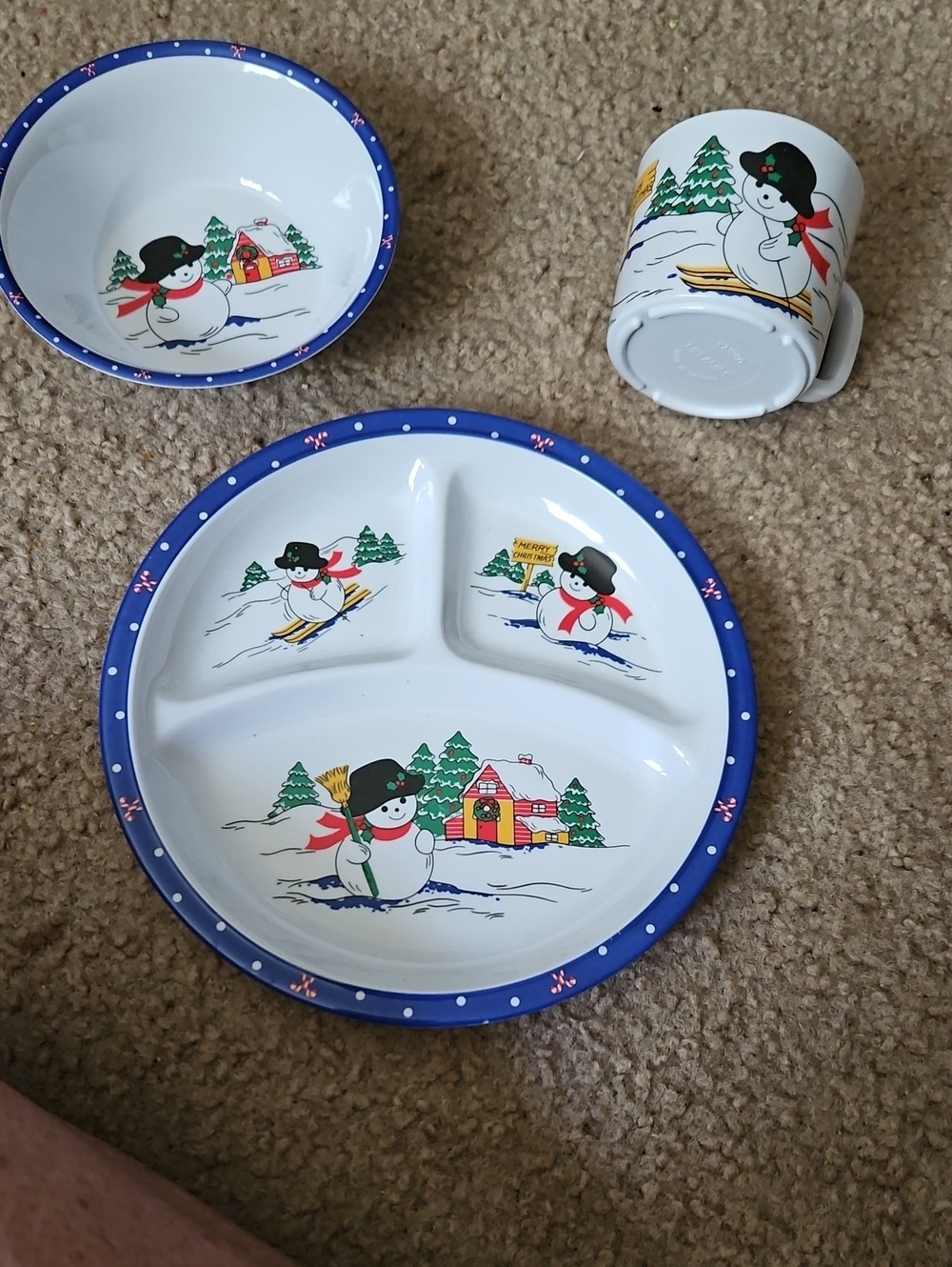 Vintage Child's Snowman Kids Divided Plate, Bowl & Mug Set Holidays Melamine